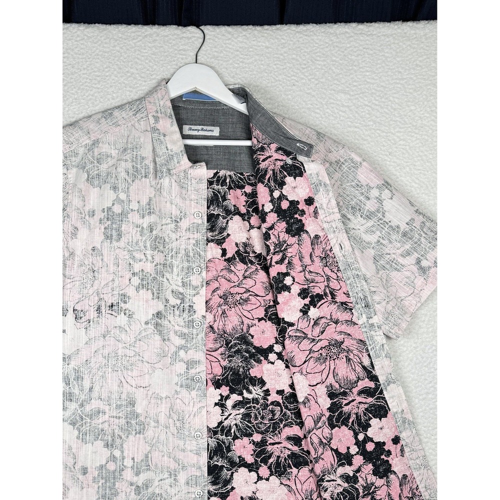 TOMMY BAHAMA Trim Fit Short Sleeve Button Up Shirt XL - Faded Pink Black Floral